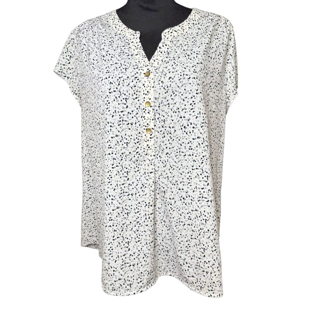 Croft & Barrow Short Sleeve Blouse White Stretch Polka Dots Women's size XL